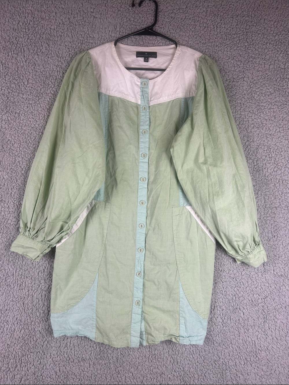 Pomander Place Puff Long Sleeve Button Front Shift Mint Green White Dress Size M - Picture 4 of 16